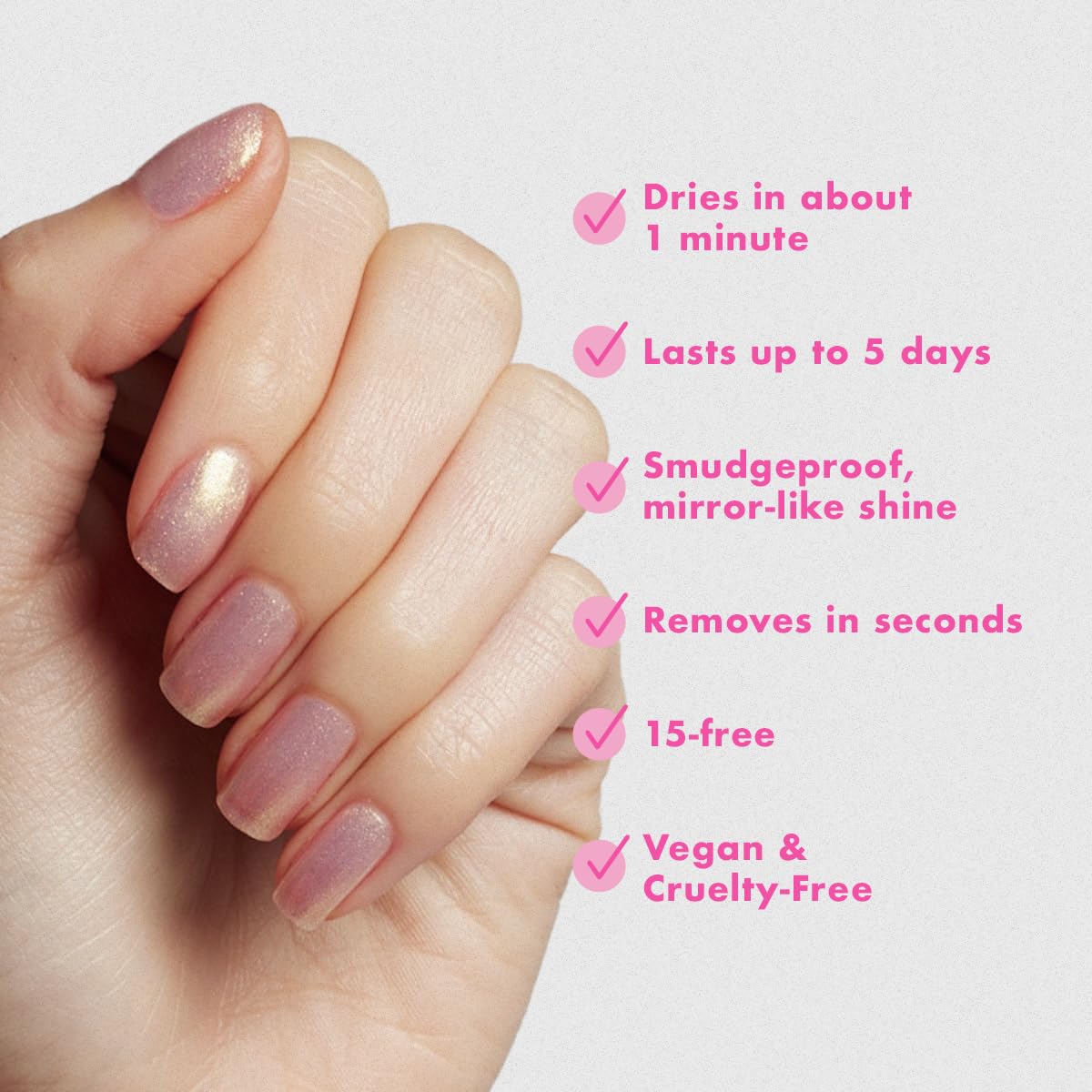 Olive & June Quick Dry Nail Polish | Instant Fast-Drying Smudgeproof Color | 15-free Vegan Cruelty-Free Formula | Lasts up to 5 Days | Salon-Quality Manicure Pedicure at Home | Sugarcoat Shimmery Pink