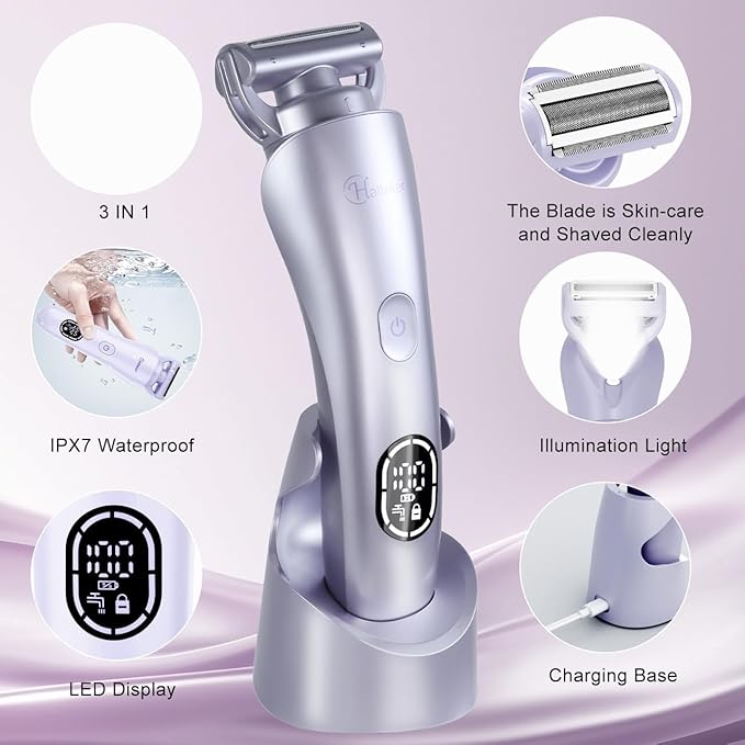 Hatteker Women's Electric Shaver Bikini Trimmer Hair Trimmer for Women LED Display Electric Razor for Legs Bikini Underarm Public Hairs Led Display IPX7 Waterproof Gift for Women (Purple)
