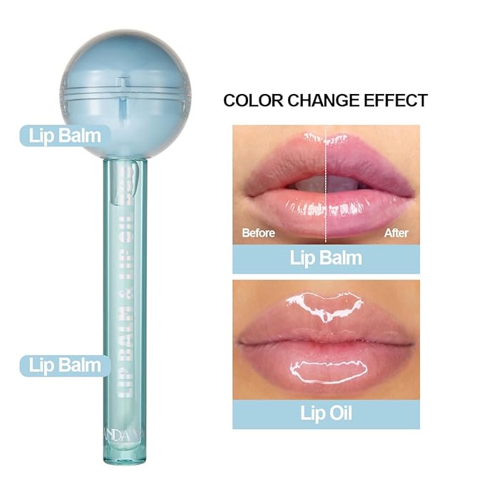Tinted Lip Balm Lollipop Lip Gloss, Magic pH Color Changing Pink Lipstick & Vitamin E Clear Lip Oil Combo, Hydrating Plumping Lip Care Product for Girls (Blue)