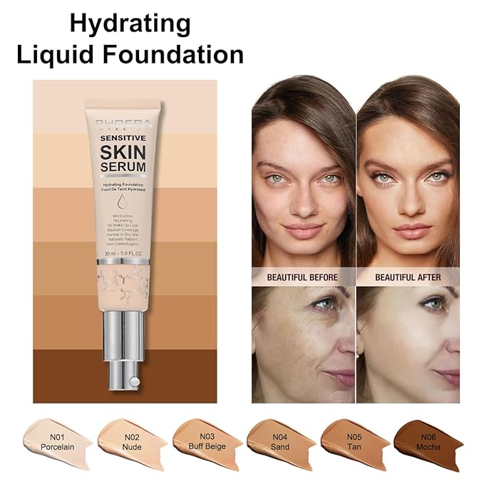 PHOERA Hydrating Serum Foundation,Makeup Base Foundation Hypoallergenic and Flawless Full Coverage.(N01 Porcelain)