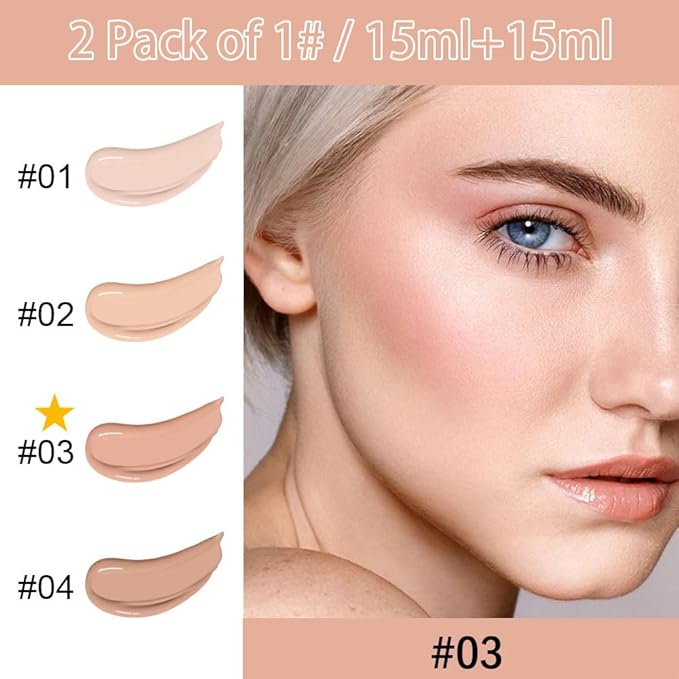 2 Pack Liquid Foundation Cream with Foundation Brush for Face Makeup,Durable Full Coverage Matte Concealer Make Up,Oil Control & Waterproof Base Primer -1 Fl.Oz (#03)