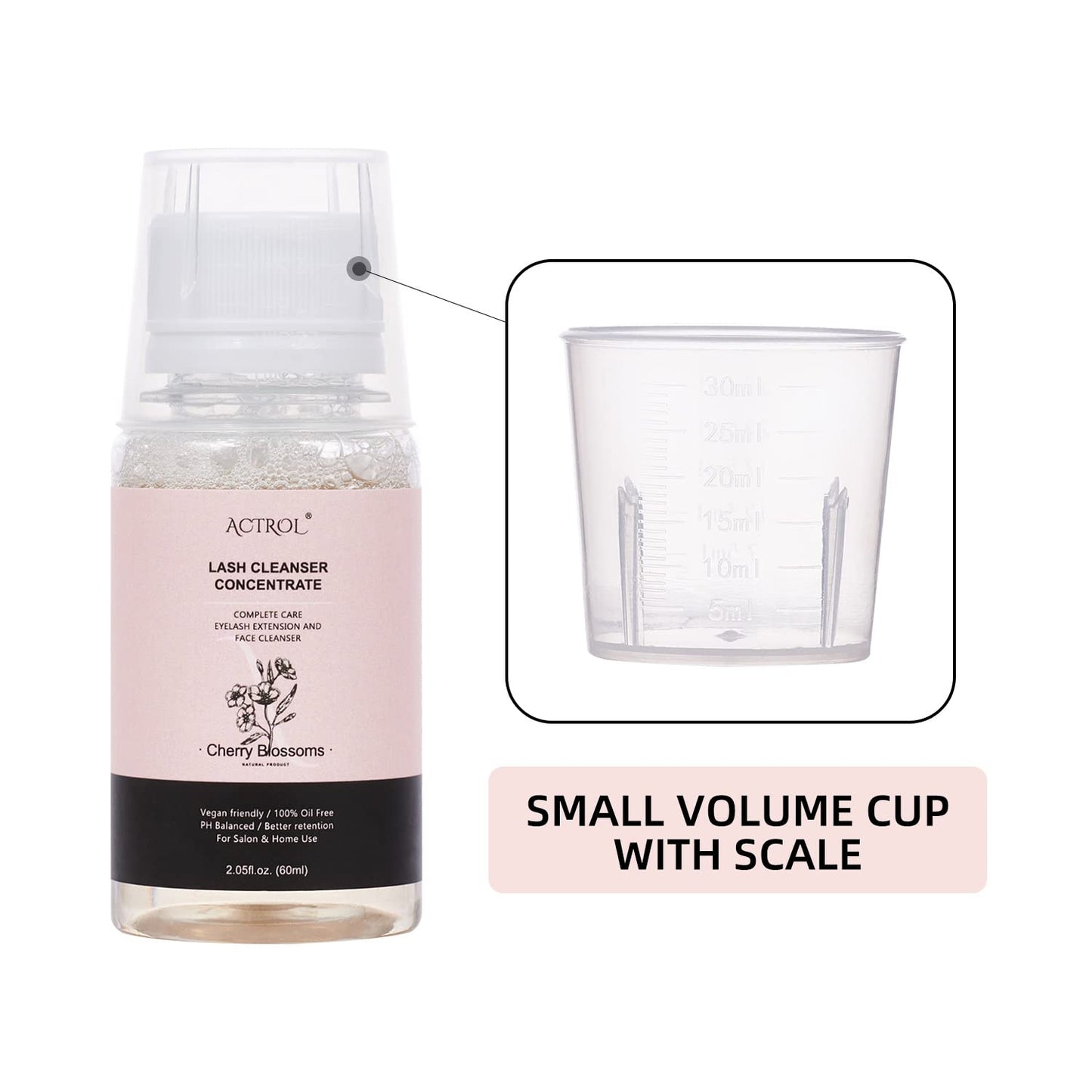 Eyelash Cleanser Concentrate 60ml Cherry Blossom Professional Lash Shampoo Foaming Cleanser DIY Non-lrritating Wash for Extensions Lashes with Salon Home Care-Makes 12 Bottles