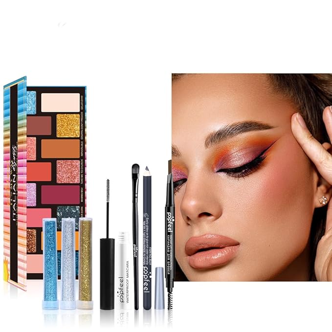 All in One Eyeshadow Palette Makeup Set, Makeup Kit with Rich Color Matte Matalic Shimmer Shadow, Mascara, Concealer Lipstick,Travel Makeup Bundle Holiday Surprising Makeup Box for Women Girl