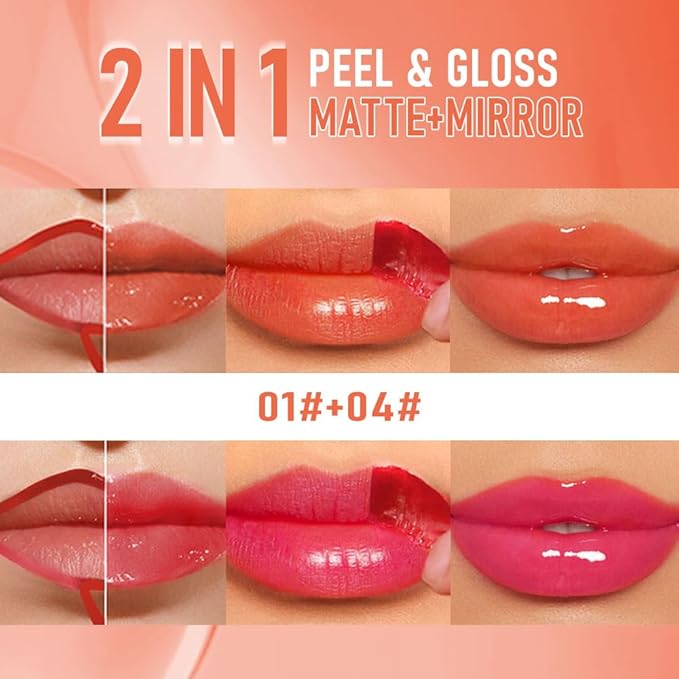 2Pcs Peel Off Lip Gloss Tattoo and Lip Oil 2-in-1, Lip Stain Peel Off Masque - Peel Off Lip Tint ,Long Lasting Waterproof Transfer-proof Lip Mask Lip Gloss Peel Off Lip Liner,Stay Lip Makeup 01#+04#
