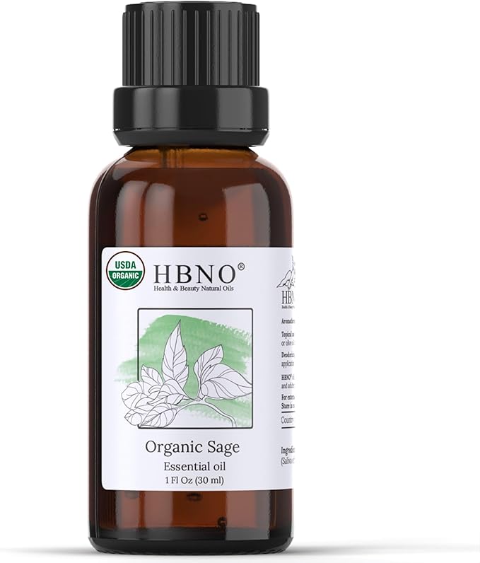 HBNO Organic Sage Essential Oil - 1 oz (30ml) - USDA Certified Organic Sage Essential Oil for Aromatherapy, Soap Making, DIY, Fragrances, Diffuser.