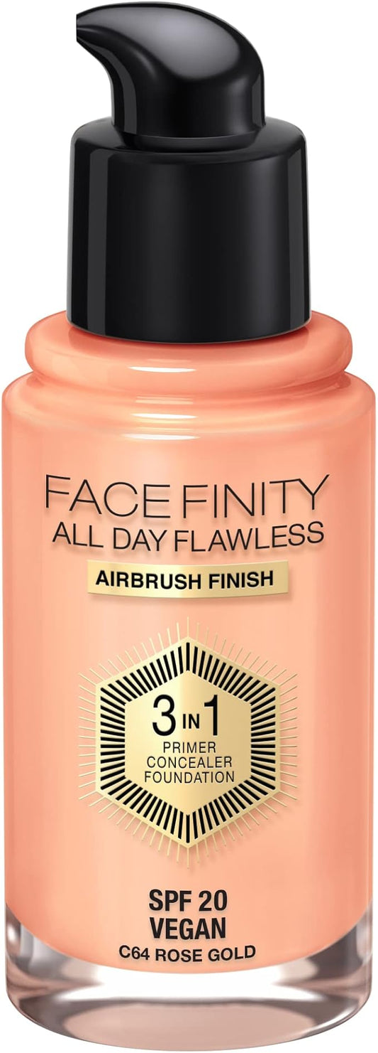 Max Factor Facefinity 3-in-1 All Day Flawless Liquid Foundation, SPF 20-64 Rose Gold, 30 ml