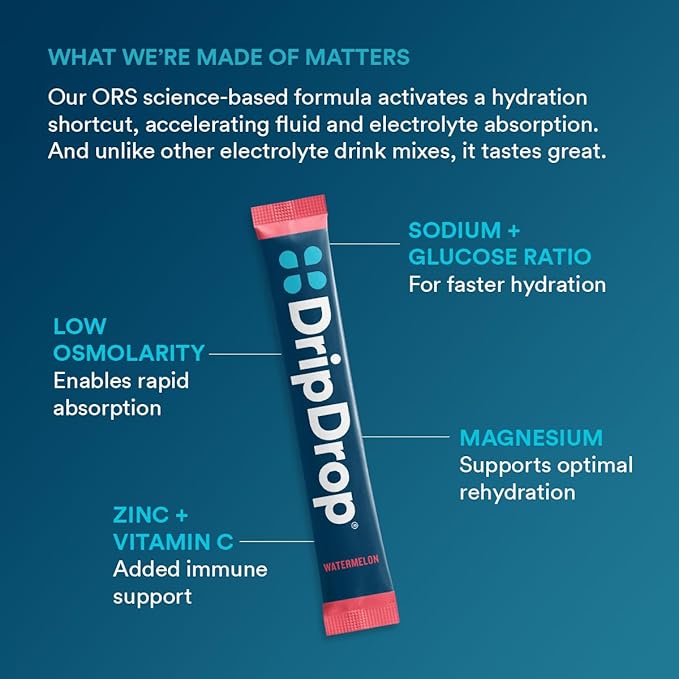 DripDrop Hydration Packets - Watermelon - Single Serve Electrolytes Powder Drink Mix - Non-GMO, Gluten Free, Vegan - 32 Sticks