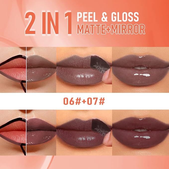 2Pcs Peel Off Lip Gloss Tattoo and Lip Oil 2-in-1, Lip Stain Peel Off Masque - Peel Off Lip Tint ,Long Lasting Waterproof Transfer-proof Lip Mask Lip Gloss Peel Off Lip Liner,Stay Lip Makeup 06#+07#