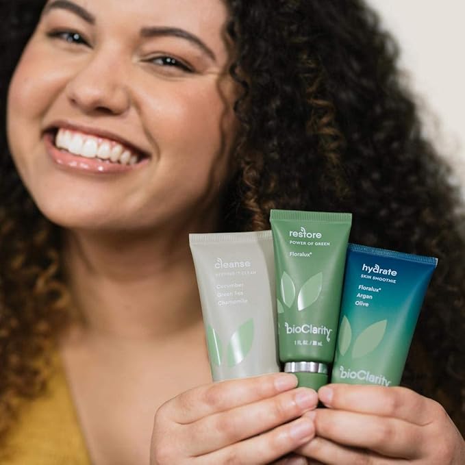 BioClarity 3-Step Essentials Skin Routine for Normal & Oily Skin Types | Cleanse, Restore and Moisturize | Gentle Clean and Hydrate Face | 100% Clean, Vegan Ingredients (Full Size)