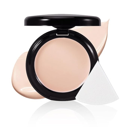 Powder Foundation,Long Wear Full Coverage Foundation with Sponge,Flawess Demi-Matte Finish,Brighten Correcting Color
