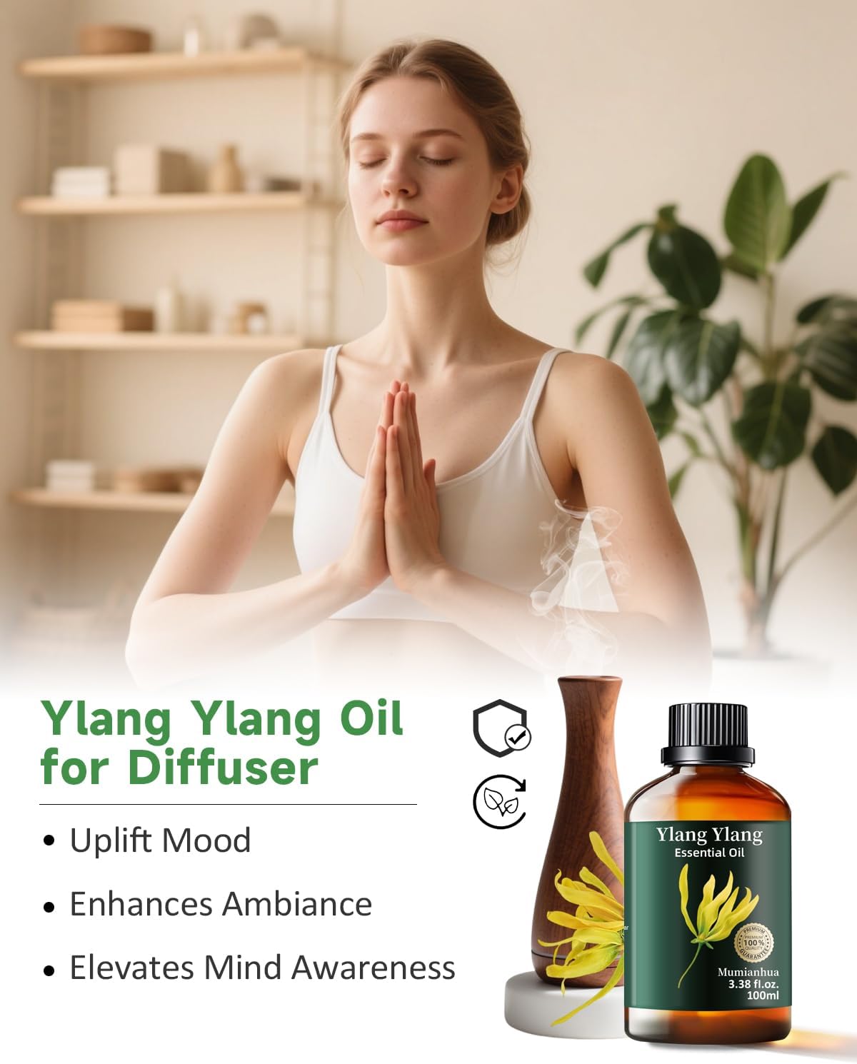 Mumianhua 100% Pure Ylang Ylang Essential Oil Natural Ylang Ylang Oil for Diffuser, Perfumes, Aromatherapy, DIY,Skin, Hair, Candle, Soap Making 3.38 Fl Oz