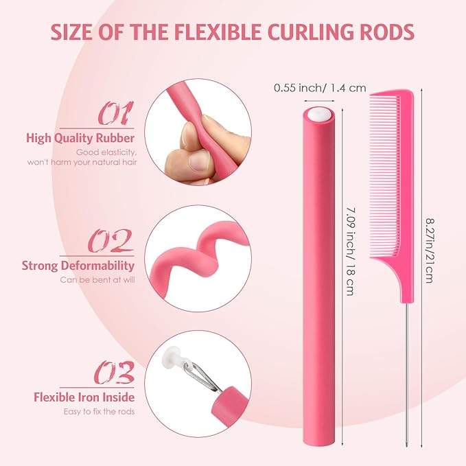 Syhood 30 Pcs 7'' Flexible Curling Rods Twist Foam Hair Rollers Soft Foam No Heat Hair Rods Rollers and 1 Steel Pintail Comb Rat Tail Comb for Women Long Short Hair(Pink,7 x 0.55 Inch)