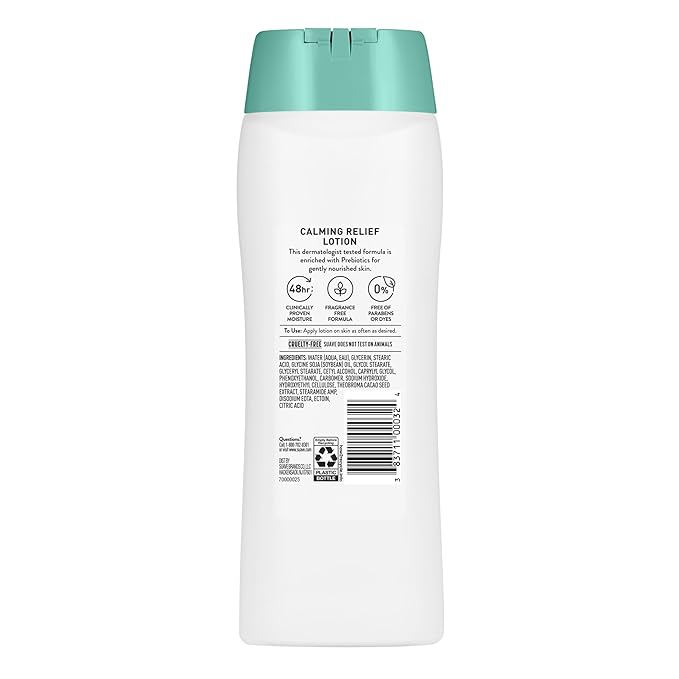 Suave Calming Relief Hand & Body Lotion for Women With Prebiotics For Sensitive Skin, Fragrance & Allergen Free, Helps Restore Skin's Moisture Barrier, 18 FL OZ, 6 Pack