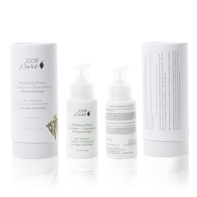 100% PURE Mattifying Face Primer Plumping Makeup Base & Moisturizer with Anti-Aging Seaweed Collagen - Long-Lasting Matte Pore Diminishing Cosmetics Prep, Flawless Smooth Skin Hydration - 1 oz