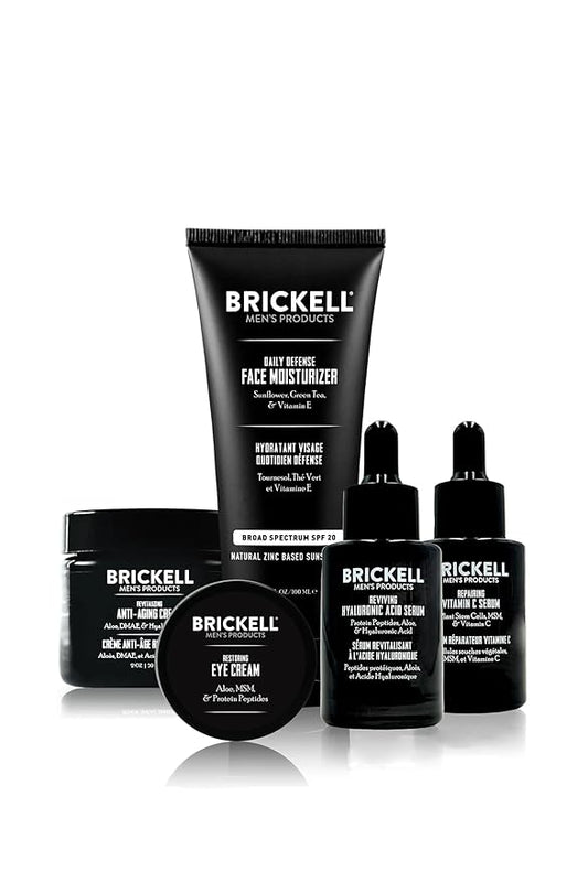 Brickell Men's Complete Defense Anti Aging Routine, Night Face Cream, Vitamin C Day and Night Serum, Facial Moisturizer w/SPF and Eye Cream, Natural and Organic, Scented, Skin Care Gift Set
