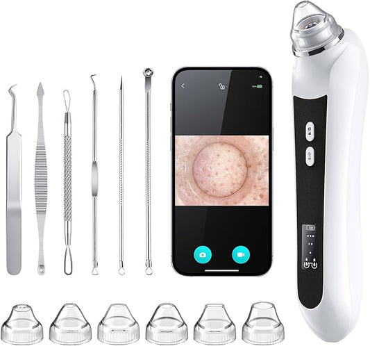 Facial Pore Blackhead Remover Vacuum, 1080P Camera Blackhead Remover, 20x Zoom, 8 LEDs ＆ 3 Suction Modes, 800mAh Battery & USB - 6 Heads Pore Cleaner Kit for Women&Men(Black)