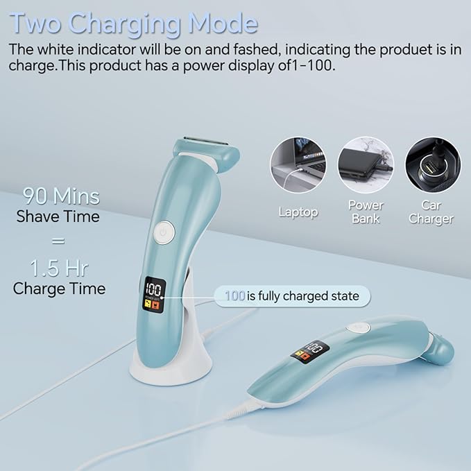 Electric Shaver for Women, Bikini Trimmer Wet & Dry Use, Body Hair Removal, Electric Razors for Leg Armpit Public Painless, Cordless Rechargeable Trimmer, Detachable Head, with LED Light