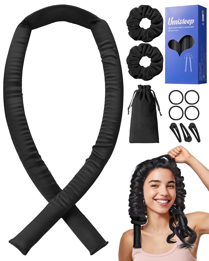 Umisleep 22 Momme 100% Mulberry Silk Heatless Hair Curler Set — Frizz-Free Hair Rollers for Women Long Hair, Overnight Heatless Curls, Upgraded Soft Flat Design with Clips & Scrunchies, Black