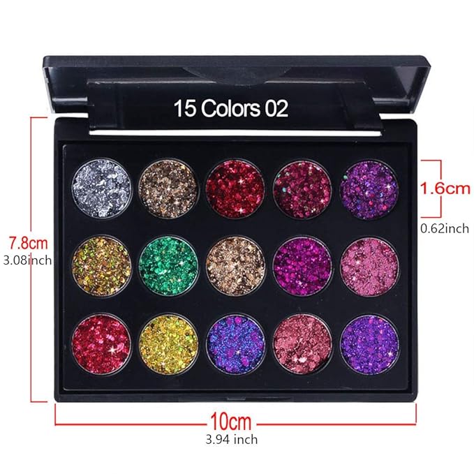 evpct 15 Color Shimmer Glitter Sparkle Glittery Eyeshadow Makeup Palette Pallet Glitter for Girl Pink Silver Red Rose Green Sparkling Sparkly Glitter Gel Pigment Eyeshadow Face Paint Makeup Palette