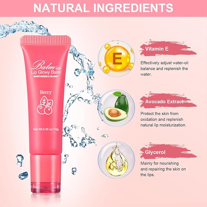 GECOMO Lip Glowy Balm, Moisturizing Lip Gloss, Nourishing Glossy Transparent Plumping Oil, Non-sticky Tinted Toot Lip Balm for Lip Care (BERRY) 0.35oz