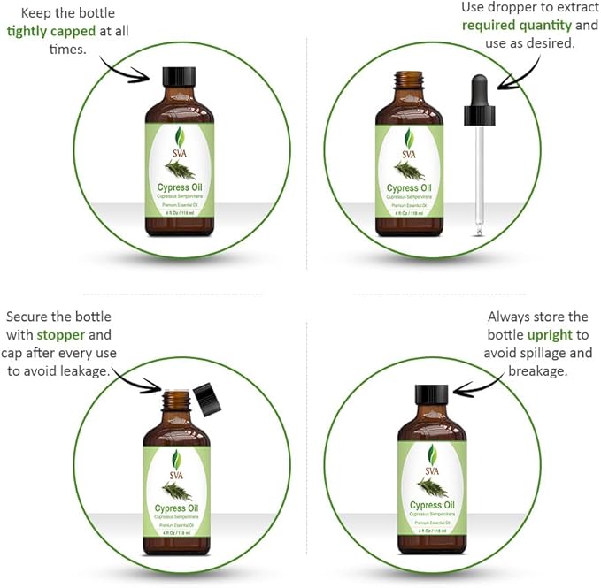 SVA Cypress Essential Oil – 4 Fl Oz – 100% Natural Cypress Oil - for Diffuser, Hair Care, Face, Skin Care, Aromatherapy, Scalp and Body Massage, Soap and Candle Making – with Dropper