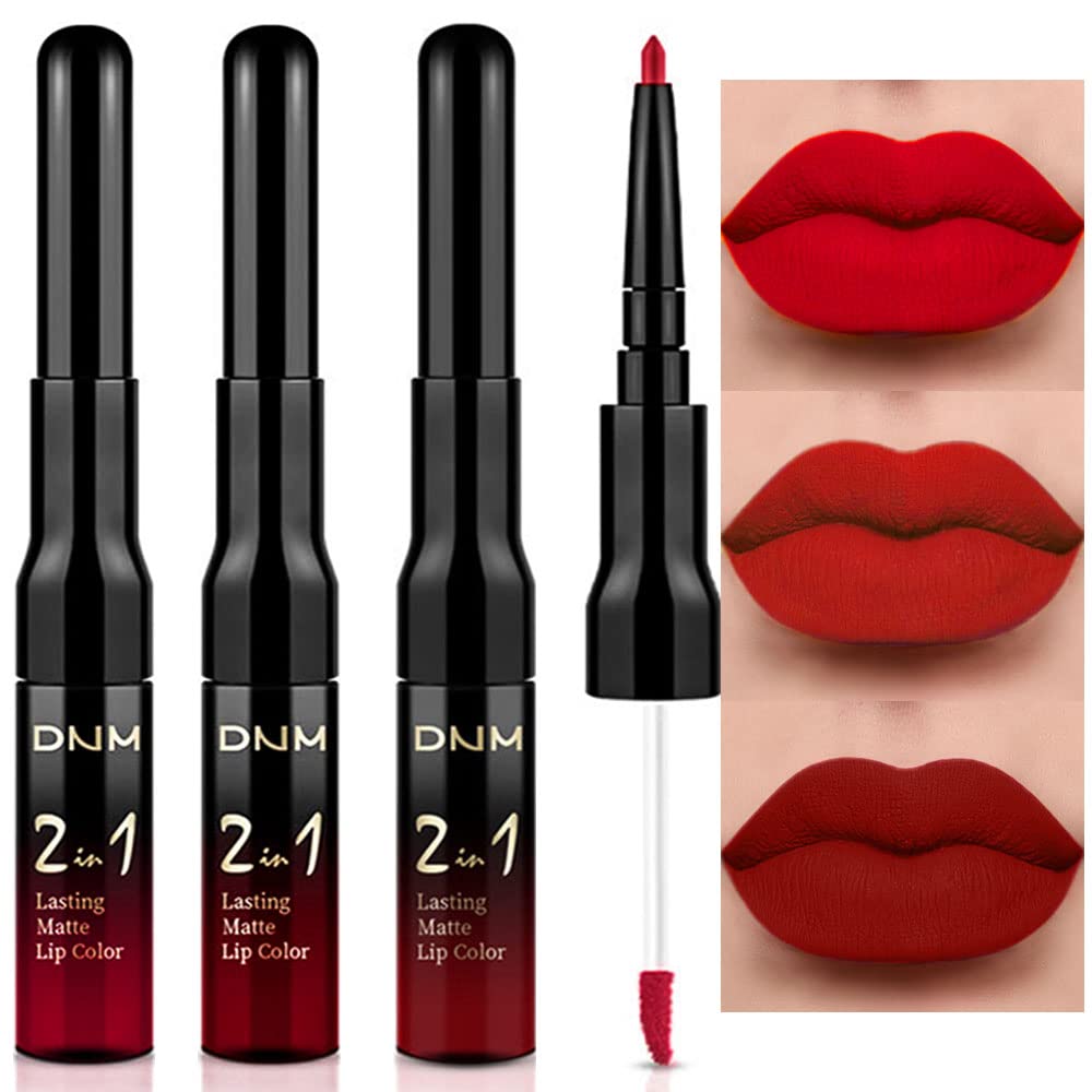 evpct 3Pcs Ruby Bright Dark Red Lip Stain Paint Matte Lip Liner and Liquid Lipstick Set for Women Long Lasting, labiales mate larga duracion listip 24 hours a prueba de agua mate 24 horas originales