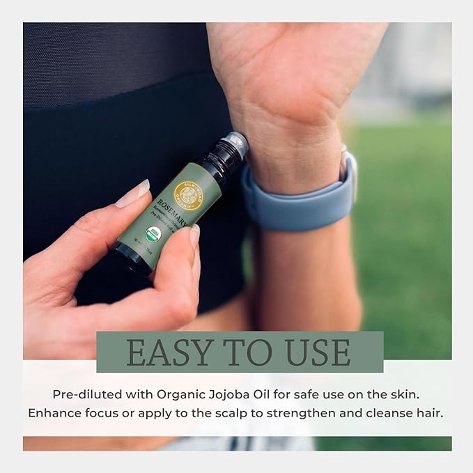 Silk Road Organic Rosemary Essential Oil & Jojoba Roll On, 100% Pure USDA Certified Aromatherapy to Improve Memory & Focus & Hair Health - 10 ml Roller