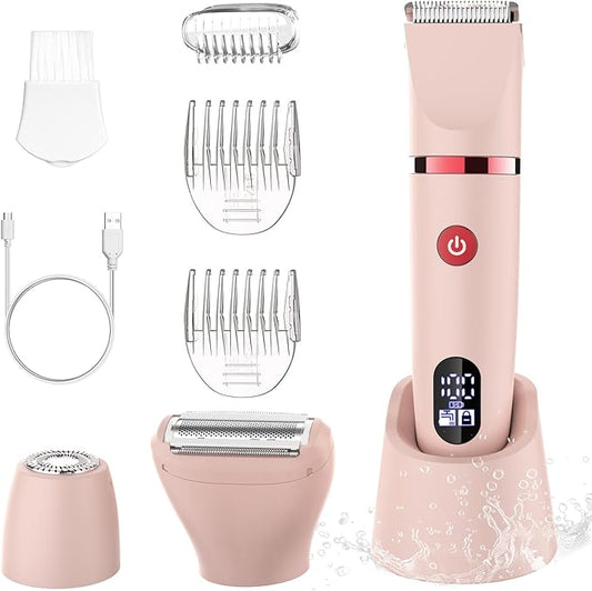 3-in-1 Electric Razor IPX7 Waterproof Bikini Trimmer Wet & Dry Use Painless Personal Trimmer Groomer for Ladies Face Body Legs Bikini Public Hairs Electric Lady Shaver with Replaceable Heads