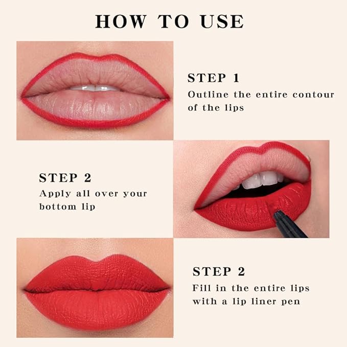evpct Longwear Liquid Lip Liner Stain Marker Pen Long Lasting Waterproof, Ruby Red Matte Semi Permanent 24 Hour Lip Liner and Lipstick Combo, Korean Color Stay Lipliner All Day, Lips Stain peel off