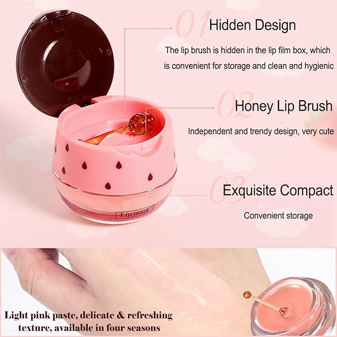 2PCS Strawberry Sleeping Lip Mask,Bee Lip Balm Lip Mask Honey Pot Propolis Moisturizing Lip Balm with Stick,Plumping Lip Hydrating Prevention Dry & Cracked Lip Scrubs Exfoliato Lip Wrinkle Care
