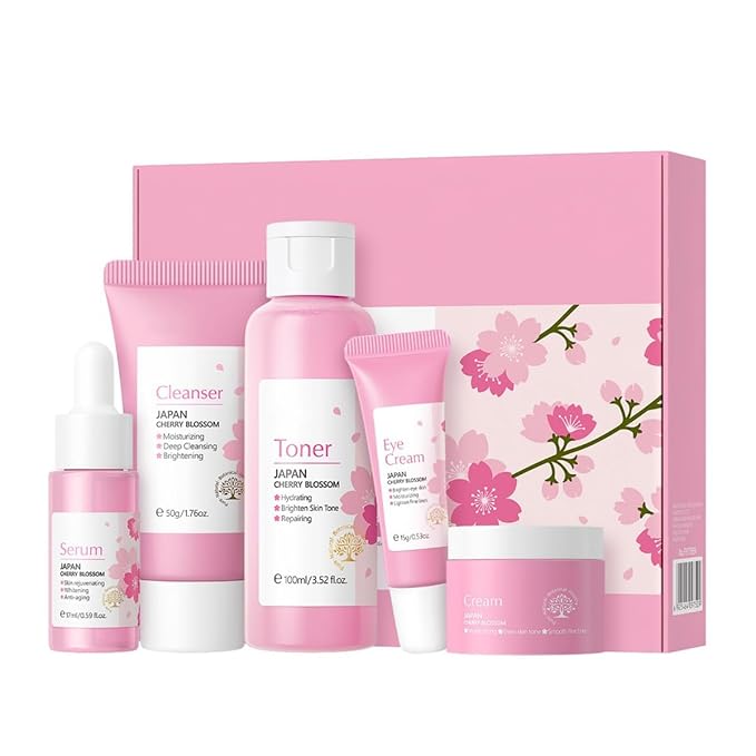 Greyghost Skin Care Set for Teenage Girls Women, 5 Pcs Cherry Blossom Skincare Set - Cleanser, Toner, Serum, Eye cream, Cream, Gentle Skin Cleaning & Care Gift Set, Travel Size Skin Care Set