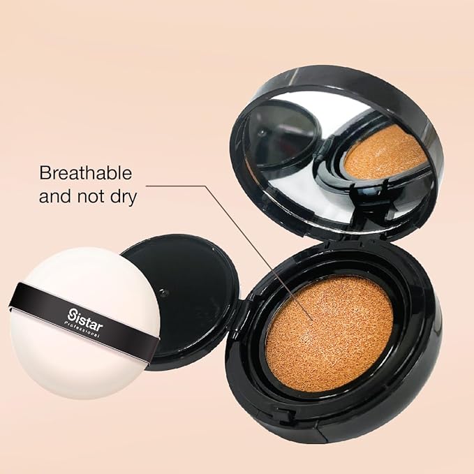 Sistar Skin Perfecting BB Cushion Full Coverage Long Lasting Natural Glow Foundation On The Go Case With Mirror (Deep)