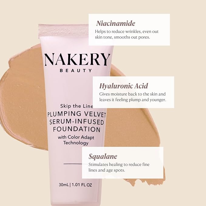 Nakery Full Coverage Foundation for Women - 5 in 1 Plumping Liquid Foundation Makeup - Serum Infused Makeup Foundation Smart Color Adapt with Niacinamide & Hyaluronic Acid for All Skin Types - Light