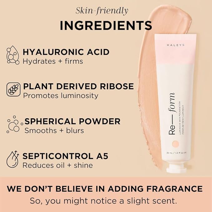 HALEYS Re-form Luminous Skin Foundation, VEGAN + CRUELTY-FREE, Blurs, Conceals, Blendable, Buildable Med-to-Full Coverage, Weightless, Oil-free, All-Day Wear, Hyaluronic Acid, All skin types (4.3)