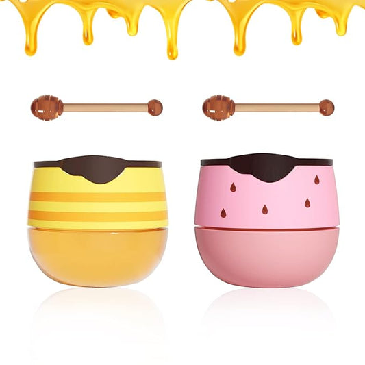2PCS Bee Lip Balm Honey Pot,Honey Lip Balm With Honey Spoon,Honey Lip Mask Moisturizing Hydrating Prevents Dry and Chapped Lips,Lip Exfoliating Bee Lip Balm（Honey+Strawberry）