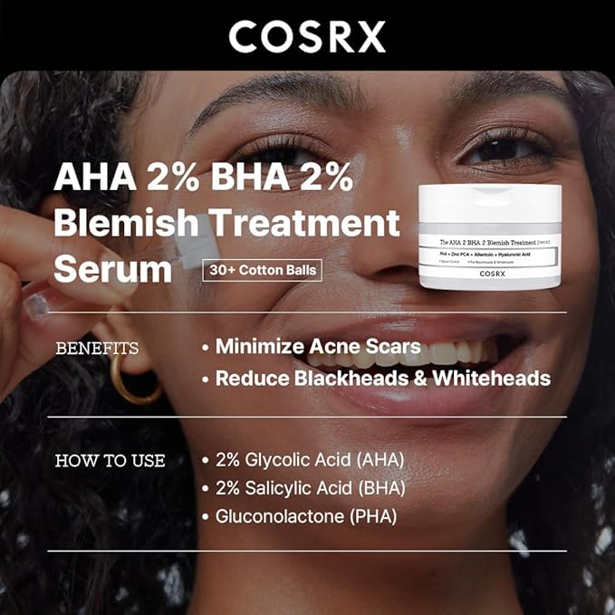 COSRX AHA 2% BHA 2% Blemish Treatment Serum, 60+ Pure Cotton Balls, Quick & Easy Daily Spot Treatment, Blackheads & Whiteheads, Sebum Control, Paraben Free, Phthalates Free, Korean Skin Care