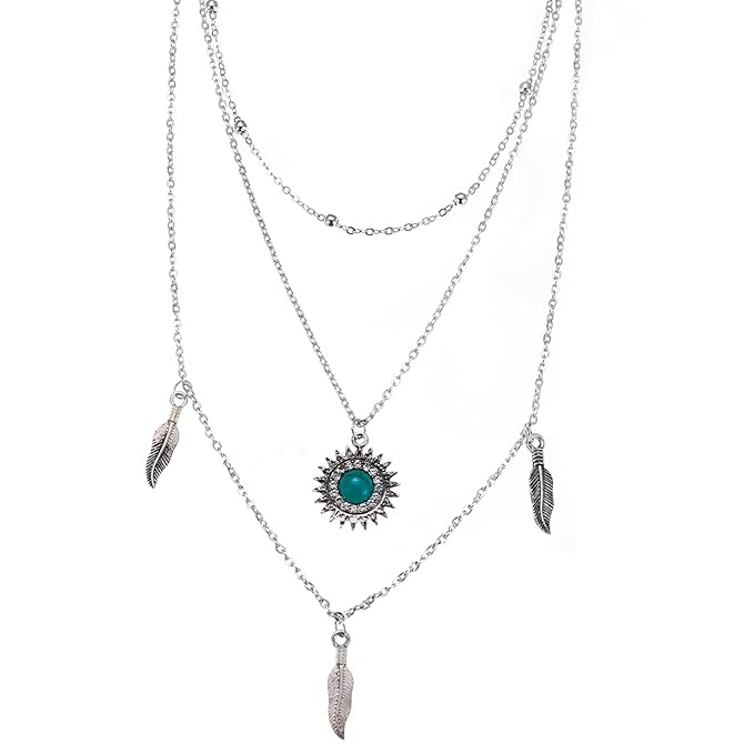 Boho Layered Feather Choker Necklace Turquoise Pendant Necklace Chain Vintage Crystal Paved Sun Necklace Silver Sunflower Necklace Jewelry for Women and Girls