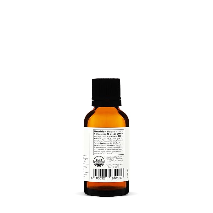 Erbology 100% Organic Sea Buckthorn Oil 1 fl oz - Cold-Pressed 50:1 - Rich in Omega-7 and Beta-carotene - Straight from Farm - Non-GMO - No Additives or Preservatives - Recyclable Glass Bottle