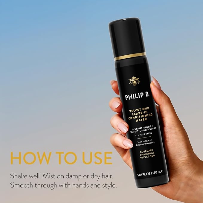 PHILIP B. Velvet Oud Leave-in Conditioning Water, 5.07 Fl. Oz. (150 ml) - Instant Shine and Conditioning Spray With Rosemary and Chamomile