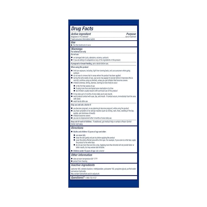 Differin Acne Treatment Gel, 30 Day Supply, Retinoid Treatment for Face with 0.1% Adapalene, Gentle Skin Care for Acne Prone Sensitive Skin, 15g Tube (Packaging May Vary)