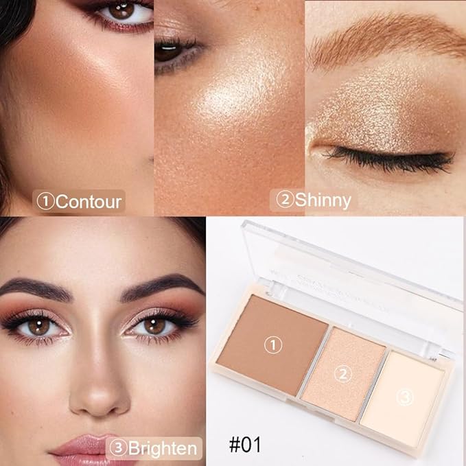 3 IN 1 Brown Nude Face Highlight Bronzer Powder Palette for Face Cheeks Contour Brightening, Buildable Matte Coverage Natural Makeup,Ultra Sculpt Nose Shadow Eyeshadow Primer 01#