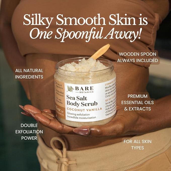 Bare Botanics Coconut Coffee Body Scrub 24oz | Made in Madison, WI | All Natural Sea Salt Exfoliator w/ Skin Loving Moisturizers | Vegan & Cruelty Free | Gift Ready Packaging w/ a Cute Wooden Spoon