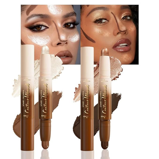 2Pcs 2in1 Cream Contour Highlighter Stick, Dual-Ended Highlighter Makeup Contour Stick, Contour Stick Dual Ended For Face Body Makeup, Long Lasting Waterproof for All Skin Tones (05+06)
