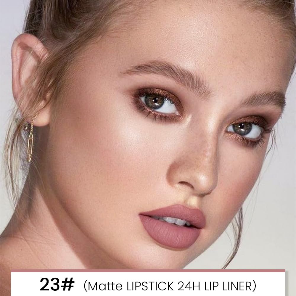 Kaely 2-in-1 Light Nude Beige Matte Lip Liner & Lipstick Combo Set Kit for Women, Magic Neutral Lipstick 24 Hours Original Lips Liner Pencil Stain Makeup Long Lasting Waterproof 23