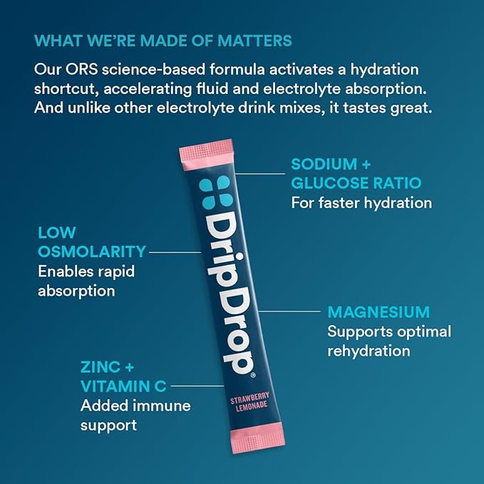 DripDrop Hydration Packets - Juicy Variety Pack - Single Serve Electrolytes Powder Drink Mix - Grape, Fruit Punch, Strawberry Lemonade, Cherry - Non-GMO, Gluten Free, Vegan - 32 Sticks