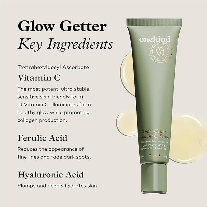 Onekind Radiant C Face Serum, Anti-Aging Facial Treatment with Hyaluronic Acid, Tetrahexyldecyl Ascorbate, Ferulic & Vitamin E, Serum for Dark Spots, Even Skin Tone, Fine Lines & Wrinkles