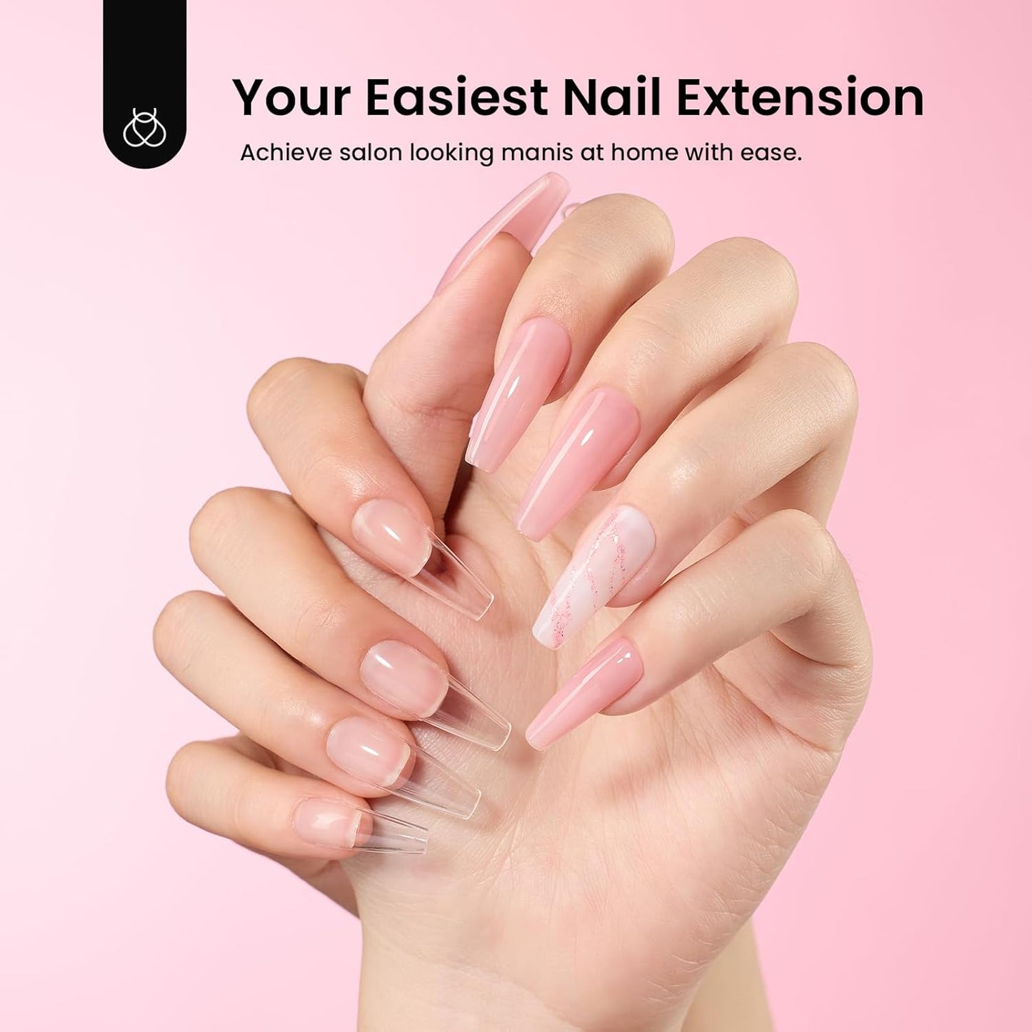 Beetles Gel Nail Kit Long Coffin with Nail Dehydrator and Primer, 576Pcs Half Matte Etch-X Gel Nail Tips Solid Nail Glue Mini Nail Lamp Acrylic Nail Tips Easy DIY Nail Extension Set Gift for Women