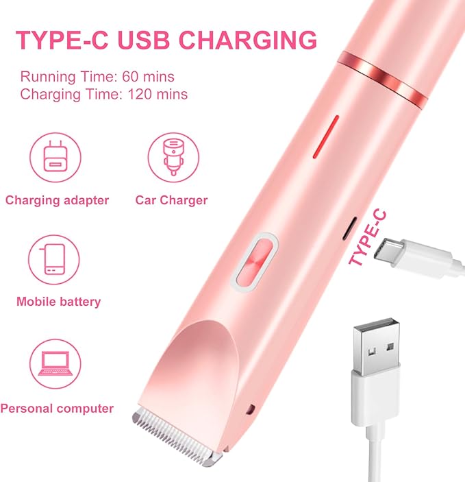 Electric Bikini Trimmer for Women, 2-in-1 Hair Shaver and Epilator, Waterproof Wet/Dry Lady Shaver（Pink）