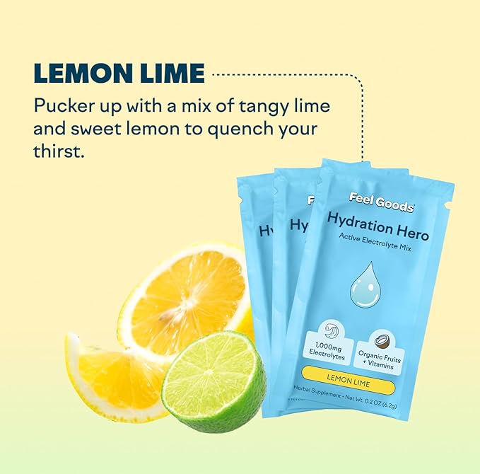 Feel Goods Hydration Hero, 1,000mg Electrolytes Powder, Sugar Free, Magnesium, Organic Aloe Vera, L Theanine, Vitamin C & B12, Non GMO, Keto, Vegan, Electrolyte Packets | Lemon Lime, 15 Count