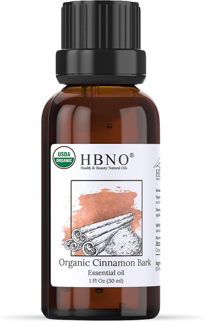 HBNO Organic Cinnamon Bark Essential Oil - 1 oz (30ml) Size - Ideal for Diffusers, Cleaning Agents, Skincare, and Haircare.